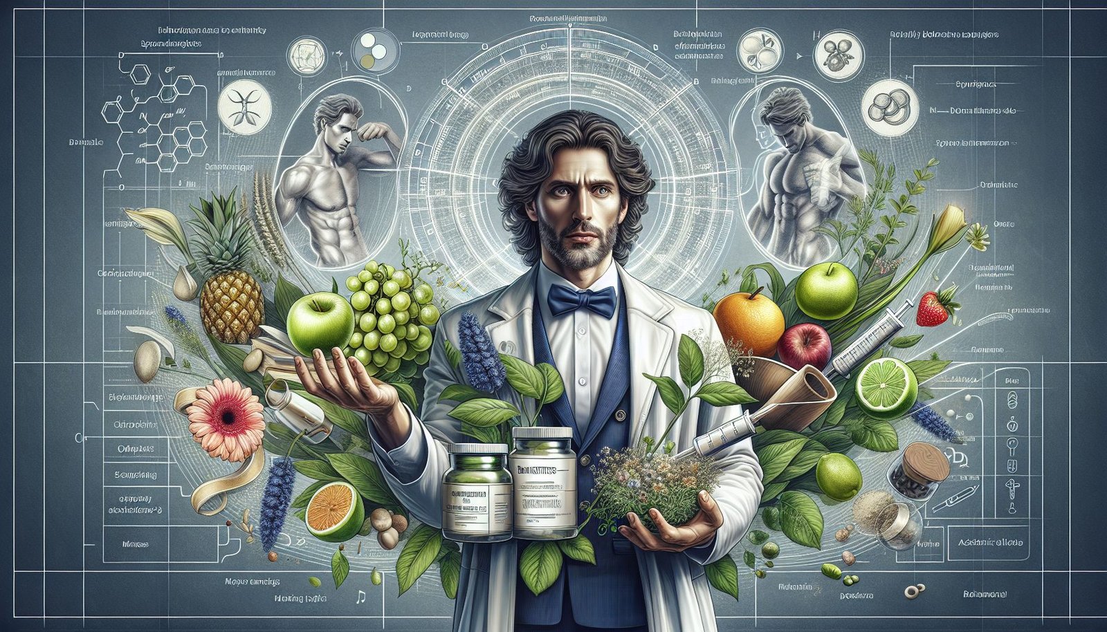 Illustration showing natural and medical sex drive boosters for men, including supplements, healthy foods, and exercise routines